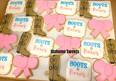 Gender Cookies, Gender Reveal Ideas For Party Theme Boots Or Bows, Boots And Bows Cookies, Gender Reveal Ideas Boots Or Bows, Boots Or Bows Gender Reveal Cookies, Boots And Bows Gender Reveal Decorations, Boots Bows Gender Reveal, Boots Or Bows Gender Reveal, Gender Reveal Cake Pops