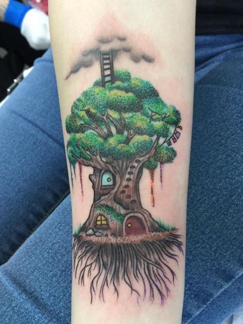 Tree House Tattoo, Magic Faraway Tree, Book Inspired Tattoos, The Magic Faraway Tree, House Tattoo, Faraway Tree, Tattoo Tree, Green Tattoos, R Tattoo