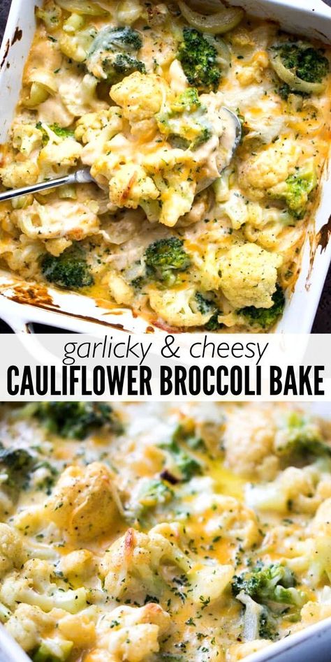 Savory, garlicky, cheesy cauliflower and broccoli bake with just a handful of ingredients required! The perfect comforting side dish for holidays and every day! Cauliflower And Broccoli Casserole, Cauliflower And Broccoli Bake, Broccoli Cauliflower Recipes, Cauliflower And Broccoli, Cauliflower Casserole Recipes, Vegetable Casserole Recipes, Broccoli Bake, Veggie Casserole, Cheesy Cauliflower