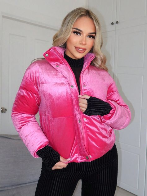 Hot Pink Casual Collar Long Sleeve Knitted Fabric Plain Puffer Embellished Medium Stretch  Women Clothing Padded Coat, Winter Coats, Pink Velvet, Padded Jacket, Long Sleeve Knit, Winter Coat, Women Clothing, Knitted Fabric, Hot Pink