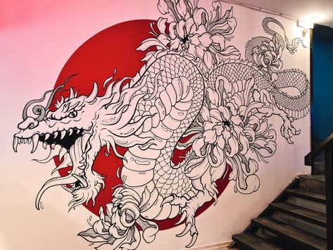 Tattoo Studio Wall Art, Wall Painting Graffiti, Japanese Mural Wall Art, Japanese Wall Painting, Dragon Wall Painting, Mural Painting Ideas, Graffiti Dragon, Japanese Mural, Dragon Mural