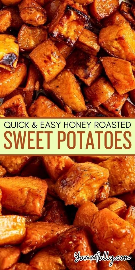 Enhance the natural sweetness of sweet potatoes by roasting them with a drizzle of olive oil and honey. This easy and quick way to prepare them is not only effortless but makes the perfect accompaniment for any meat entree. They are the perfect side dish for Thanksgiving, elegant celebrations, or casual dinners! Honey Roasted Sweet Potatoes, Sweet Potato Oven, Sweet Potato Recipes Roasted, Sweet Potato Side Dish, Sweet Potato Sides, Potato Side Dishes, Honey Roasted, Thanksgiving Side Dishes, Sweet Potato Recipes