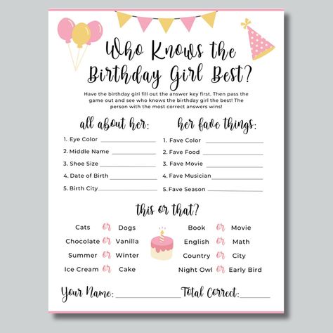 ✨ WHO KNOWS THE BIRTHDAY GIRL BEST? GAME ✨ This printable Who Knows the Birthday Girl Best game is a super fun activity for a birthday party! The birthday girl fills out her copy first, then blank copies are distributed to each party-goer. Whoever gets the most answers correct wins!  SIZES INCLUDED: US Letter (8.5x11 inches), A4 (8.3x11.7 inches or 210x297 mm), and A5 (5.8x8.3 inches or 148x210 mm) ✔️ HOW IT WORKS: - Once the order is complete, you will receive a link to the file to download the Birthday Party Who Knows Me Best, How Well Do You Know Me Birthday Game, Do You Know The Birthday Girl, Who Knows The Birthday Girl Best Game, How Well Do You Know The Birthday Girl, Who Knows Me Best Questions, Who Knows The Birthday Girl Best, Activities For Birthday Parties, Birthday Activity Ideas