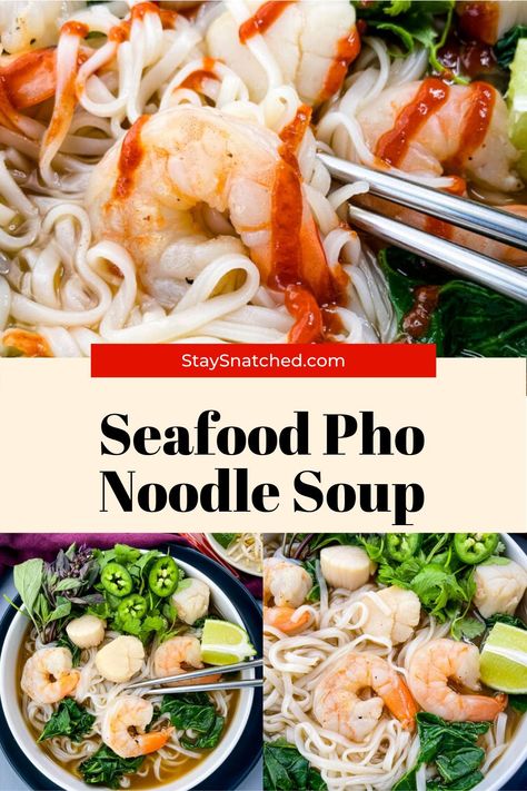 This Easy Seafood Pho Noodle Soup is made with shrimp, rice noodles and any seafood you like and is the perfect recipe to make the dish at home. This Asian and Vietnamese inspired dish is comforting and loaded with so much flavor. Shrimp Pho Soup Recipe, Seafood Pho Recipe, Pho Recipe Easy, Seafood Pho, Eating Cycle, Shrimp Noodle Soup, Pho Recipes, Pho Soup Recipe, Soup With Shrimp