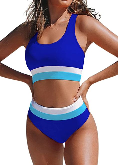 Amazon.com: Hilinker Women's Color Block Swimsuit Cut Out Racerback High Waisted Bikini Set RoyalBlue X-Large : Clothing, Shoes & Jewelry Color Block Swimsuit, Sports Crop Top, Sporty Swimwear, Mom Body, Racerback Swimsuit, Colorblock Swimsuit, Swimwear Pattern, Sport Bikinis, Sports Crop Tops