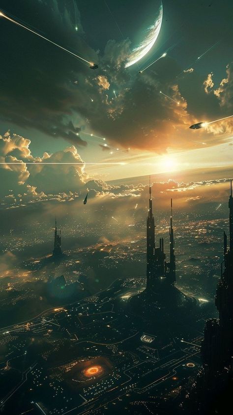 Scifi Aesthetic, City Lights Wallpaper, Fantasy Space, Sci Fi City, Fantasy Stuff, Location Inspiration, Background Ideas, Sci Fi Books, Fictional World