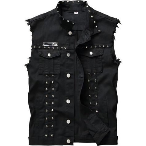 Men's Punk Rock Gothic Distressed Denim Vest Ripped Hem Edgy Sleeveless Jean Vest With Rivets Unleash Your Rebellious Spirit With This Punk Studded Denim Vest. Crafted For Those Who Dare To Defy Convention, This Sleeveless Jean Vest Exudes Edgy Attitude With Its Ripped And Distressed Detailing. Adorned With Metal Studs, It Adds A Touch Of Punk Rock Flair To Any Outfit. Perfect For Layering Over Band Tees Or Pairing With Leather Jackets, This Vest Is A Must-Have For Every Rocker's Wardrobe. Embra Steampunk Street, Punk Denim, Punk Leather Jacket, Fitted Jean Jacket, Sleeveless Jean Jackets, Cowgirl Outfit, Studded Denim, Studded Jeans, Jean Vest