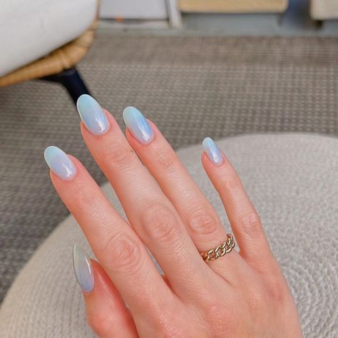 Blueberry Milk Nails! With a delectable blend of pastel hues, this delicious trend is capturing everyones eye so I wanted to do my own take. With my Nail Thoughts gel colors, you can achieve this enchanting look for an effortless fresh look for the spring or summer time! Your nails will shine with the luminous glow of your dreams ✨💙 #gelnails #gelnaildesign #trending Blueberry Milk Nails Chrome, Blue Neutral Nails, Blueberry Milk Nails 2023, Milky Blueberry Nails, Milk Blue Nails, Blueberry Milk Nails Sofia Richie, Nail Blue Design, Trending Blue Nails, Milky Blue Nails