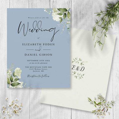 $1.27 | Budget Greenery Dusty Blue Wedding Invitation #wedding, greenery leaves botanical wedding, watercolor floral foliage, outdoor country garden wedding, rustic eucalyptus, elegant script calligraphy, budget cheap wedding invitation, dusty blue, monogram, affordable cost effective wedding invite Cost Effective Wedding, Wedding Invitation Dusty Blue, Invitation Dusty Blue, Dusty Blue Wedding Invitation, Leaves Wedding Invitation, Chic Typography, Floral Wedding Inspiration, Blue Wedding Invitation, Country Garden Weddings