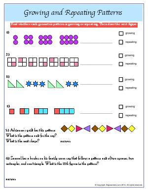 Worksheet | Growing and Repeating Patterns | Students will identify and extend the repeating / growing geometric patterns. Geometric Pattern Worksheet, Pattern Worksheet For Class 3, Growing Patterns Grade 2, Maths Patterns, Afrikaans Worksheets, Growing Patterns, Patterns Worksheet, Student Questionnaire, Teaching Patterns