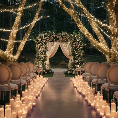 Tree Wedding Ceremony Decoration, Wedding Altar With Candles, Evening Outside Wedding, Moonlight Wedding Ceremony, Wedding Venues Lights, Wedding With Lights Outdoor, Candle Light Ceremony Wedding, Wedding Ceremony With Candles, Scenic Wedding Ceremony