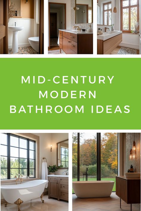 Mid-century modern bathroom design inspiration with wood accents and large windows. Mid Century Modern Bathroom Shelves, Mid Century Modern Bathroom Paint Colors, Mid Century Master Bath, Mid Century Modern Master Bath, Mid Mod Bathroom, Modern Bathroom Paint, Bathroom 2025, Modern Mid Century Bathroom, Modern Powder Room Ideas