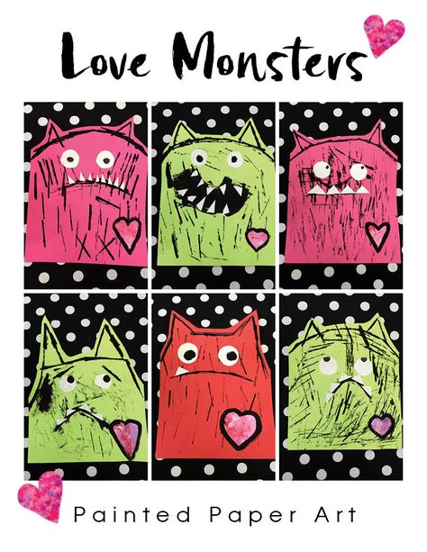 Love Monsters! – Painted Paper Art Painted Paper Art, Monster Valentine, Love Monsters, Colorful Art Projects, Monster Valentines, Kindergarten Art Lessons, 2nd Grade Art, Love Monster, Elementary Art Projects