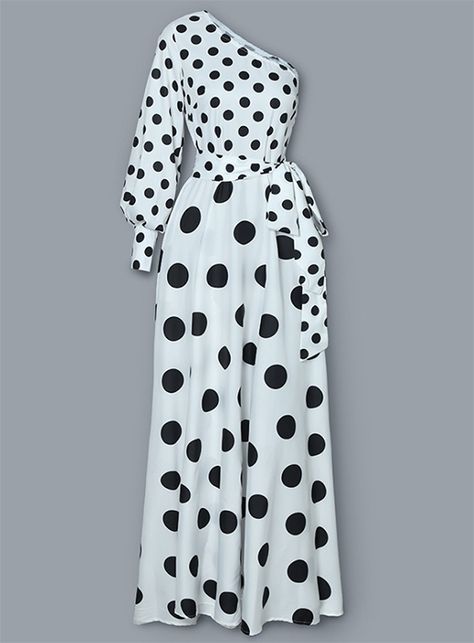 Polka Dot Jumpsuit Outfits, White And Black Polka Dot Dress, Dots Outfit, Belted Maxi Dress, Carol Vorderman, Black White Jumpsuit, Polka Dot Jumpsuit, Black Polka Dot Dress, Polka Dots Fashion