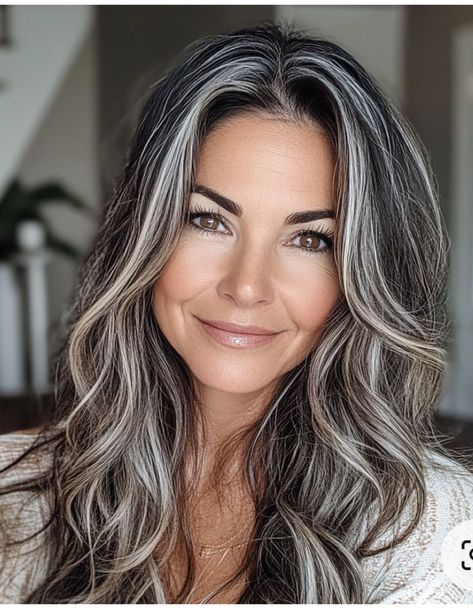 Best Hair Color For Going Gray, Womens Salt And Pepper Hair, Grey To Brown Ombre Hair, Dark Hair With White Highlights Underneath, Brazilian Blowout On Grey Hair, Best Hair Colors For Greying Hair, Hair Color Gray Highlights, Long Hair With Grey Highlights, Gray Around The Face