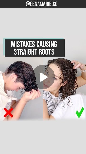 Gena Marie | Curly Creator on Instagram: "Are your roots straighter than the rest? Comment LINKS to receive product links and the full video for more help with increasing root definition. 

⚠️ There’s no right or “wrong” way to do your hair! These are just alternative methods to try if you’re struggling with straighter roots. 

These common mistakes often cause straighter roots:
❌ Applying products upside down, specifically brushing all your hair forward and only styling the hair hanging down in the front. This stretches the hair out at the roots. Turning side to side helps, but ultimately you don’t have as much control over encouraging root curls when you can see your roots while styling. 

❌ Not applying products to your roots results in straighter roots because products help define the Straight Roots Curly Ends, Finger Coiling, Side To Side, Wavy Curly Hair, Color Wow, The Roots, Fix You, Brushing, Hair Designs