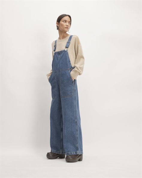 The Gardener Overall Medium Indigo – Everlane Overalls For Work Outfit, Womens Work Overalls, Styling Overall Dress, Overalls In Fall, One Quince Clothing, Winter Garden Outfit, Vintage Denim Overalls, Fun Clothing Styles, Fitted Denim Vest