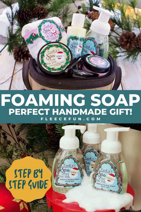 a Holiday Foaming Soap, perfect for Christmas handmade holiday gift, made with free printable and step by step tutorial from fleece fun Soap Gifts Ideas, Soap Tutorial, Diy Body Butter, Holiday Soap, Soap Gifts, Unique Soap, Fun Christmas Activities, Foaming Soap, Soap Craft