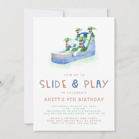 Inflatable Water Slide Birthday Party Invitation  Zazzle Water Slide Birthday Party, 4th Birthday Party For Boys, Water Birthday Parties, Hawaii Birthday Party, 4th Birthday Boys, Water Birthday, Summer Birthday Invitations, Boy Party Invitations, Summer Birthday Party