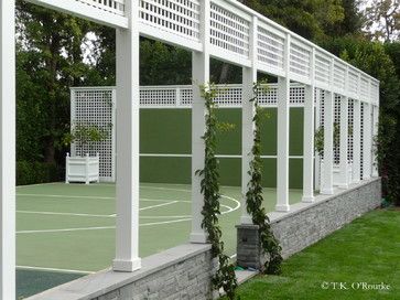 Metal Patio Cover, Lattice Arbor, Tennis Court Design, Fence Trellis, Pergola Deck, Private Tennis Court, Deck Fence, Sports Court, Entry Gate