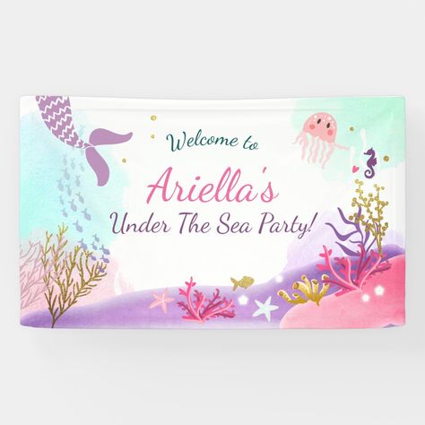 Mermaid Birthday Banner, Pink Girl Birthday, Birthday Party Girl, Girls Birthday Party Themes, Bday Invitations, Sea Mermaid, Bday Party Theme, Sea Birthday Party, Banner Birthday