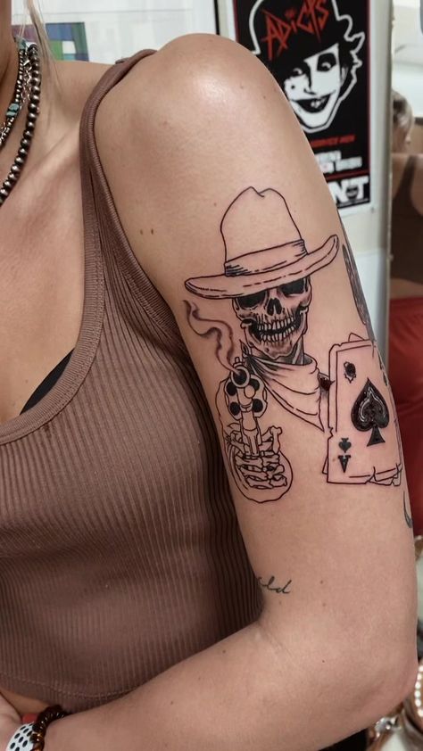 Western Doodle Tattoo, Punchy Western Tattoo Sleeve, Half Sleeve Western Tattoos For Women, Western Skeleton Tattoos For Women, Western Grunge Tattoo Sleeve, Large Western Tattoos, Western Female Tattoos, Hand Tattoos For Women Western, Barbwire Tattoo Womens