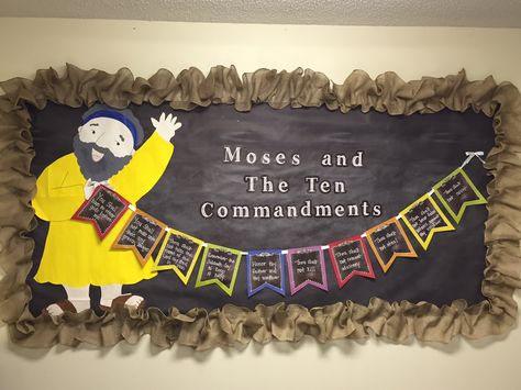 Moses Ten Commandments Bulletin Board Sunday School Bulletin Boards, Moses Ten Commandments, Christian School Bulletin Boards, Catholic Bulletin Boards, Religious Bulletin Boards, Sunday School Classroom Decor, Bible Bulletin Boards, Toddler Sunday School, Catholic Schools Week