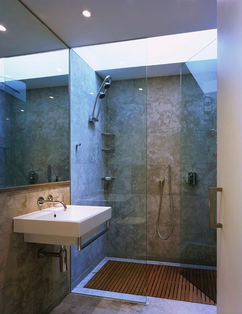 Shower With Skylight Above, Shower With Skylight, Bathroom With Skylight, Shower Skylight, Large Tiles, Designer Bathroom, Large Tile, Bathroom Design, Bathrooms