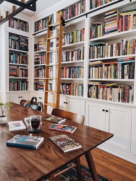 Library Dining Room Combo Modern, Dining Room Book Shelf, Floor To Ceiling Bookshelves Dining Room, Home Library Dining Room, Home Library Table, Dining Room And Library Combination, Turn Dining Room Into Library, Stained Built In Bookshelves, Vintage Built In Bookshelves