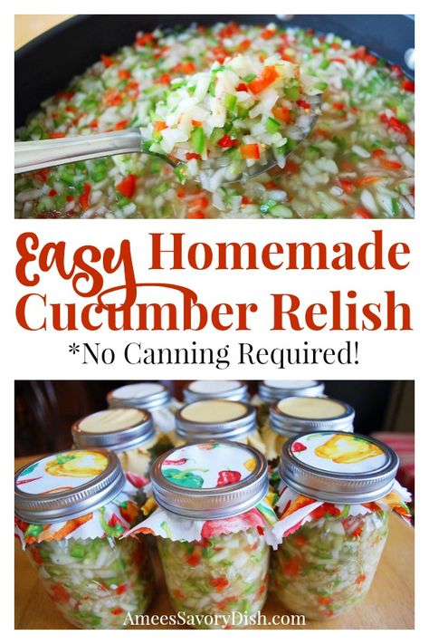 This homemade cucumber relish made with peppers, onions, vinegar and spices doesn't require canning, so it's easy to make and makes the perfect topper or side dish. Cucumber Relish, Cucumber Relish Recipes, Pickle Relish Recipe, Cucumber Salsa, Relish Recipes, Cucumber Recipes, Pickling Recipes, Healthy Side Dishes, Relish