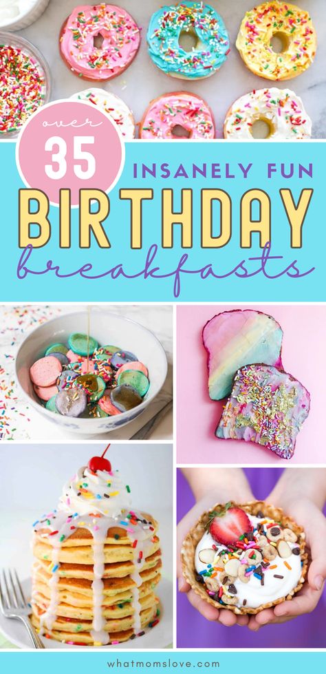 Fun Birthday Breakfast Ideas for Kids and Adults. Make your child's birthday extra special with these creative birthday breakfast recipes - from funfetti pancakes, to waffles, french toast and cinnamon buns + healthy ideas too! #birthdaybreakfast Fun Family Breakfast Ideas, Sleepover Morning Breakfast, Morning Birthday Party Food Kids, 1st Birthday Breakfast Party, Breakfast Ideas For Birthday Party, Breakfast For Dinner Birthday Party, Birthday Breakfast Recipes, Morning Birthday Party Snacks, Cute Birthday Breakfast