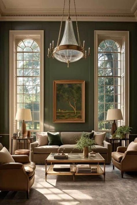 Old Money Home Decor Inspiration French Inspired Interior Design, Dark Green Accent Living Room, English Traditional Living Room, Gothic Revival Interior Design, Dark Green Sitting Room, Vintage Chic Living Room, Victorian Modern Living Room, Dark Wood Fireplace, Mood Living Room