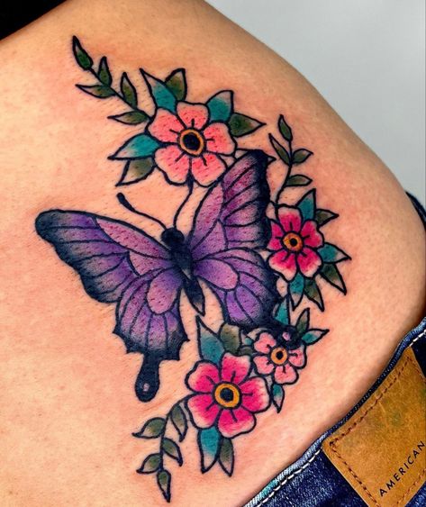 Butterfly Tattoo Over Knee, Pink Butterfly Tattoo, Hummingbird Flower Tattoos, Butterfly Leg Tattoos, Butterfly Thigh Tattoo, Desert Tattoo, Purple Butterfly Tattoo, Traditional Butterfly, Traditional Tattoo Flowers