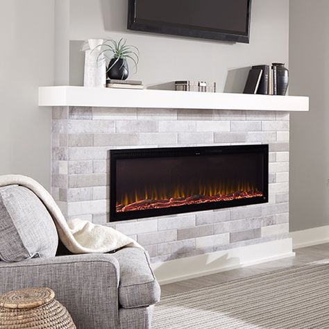 Electric Fireplace Wall Mantle, Electric Fireplace Wall Ideas Tile, Wide Electric Fireplace, Electric Fireplace Backsplash, Black Electric Fireplace Ideas, Recessed Fireplace Mantle, Electronic Fireplace Living Rooms, Linear Electric Fireplace Ideas, Recessed Electric Fireplace Ideas