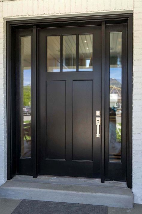 Entry Doors Design, Windows Next To Front Door, Traditional Home Front Door, Black Exterior Door With Sidelights, Black Front Door With Frosted Window, Black Entry Doors With Sidelights, Front Exterior Doors Entrance, Windows Around Front Door, Single Farmhouse Front Door