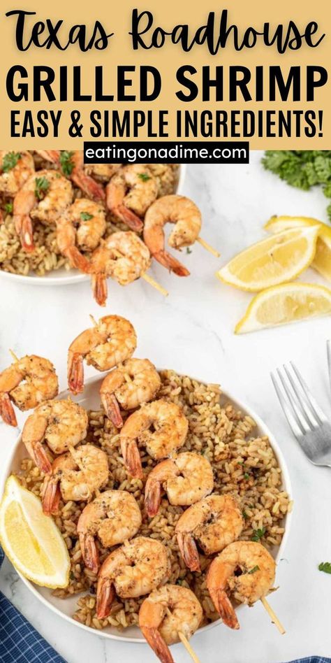 Texas Roadhouse Grilled Shrimp recipe is an easy copycat recipe to enjoy at home. The fresh lemon juice and seasonings make this recipe delicious. Save money and time by making this flavor packed meal at home. The garlic butter lemon blend is the best on shrimp. #eatingonadime #texasroadhousegrilledshrimp #grilledshrimp #copycattexasroadhouse Texas Roadhouse Shrimp Recipe Copycat, Rocket Shrimp Recipe, Texas Roadhouse Shrimp Recipe, Texas Roadhouse Roadkill Recipe, Gulf Shrimp Recipes, Texas Roadhouse Copycat Recipes, Texas Roadhouse Grilled Shrimp, Pepper Butter Recipe, Copycat Meals