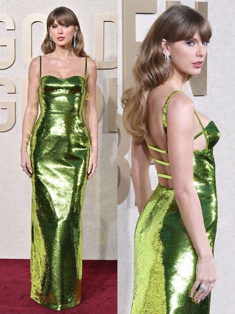 Taylor Swift Golden Globes 2024 in Gucci Taylor Swift Golden Globes 2024, Taylor Swift Green Dress, Taylor Swift Golden Globes, Golden Globes Dresses, Modest Winter Outfits, Award Show Dresses, Gucci Dress, Golden Dress, Taylor Swift Outfits