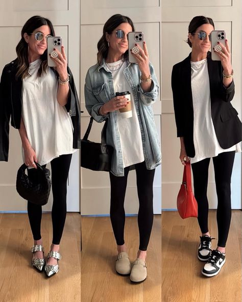 Check out this photo from thesisterstudio School Tshirt Outfit, Leggings And Shirt Outfit, Shopping Trip Outfit, Zara Styling, Leggings At Work, Easy Casual Outfits, Black Tee Outfit, The Sister Studio, Comic Con Outfits