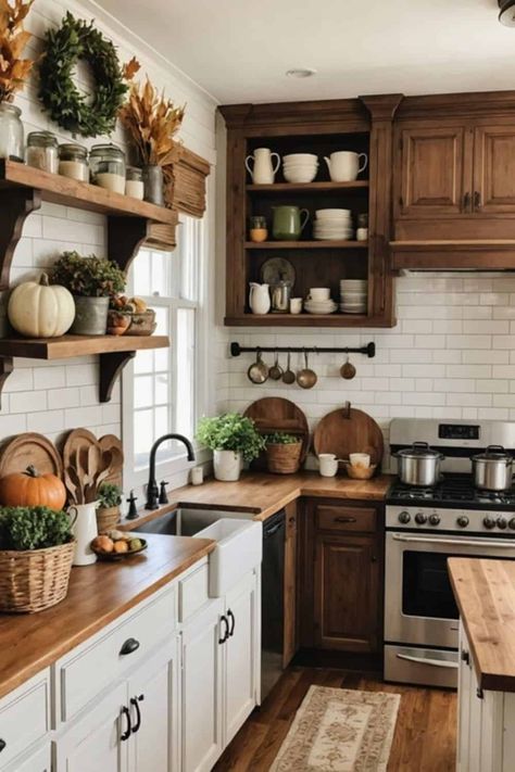 Cozy Autumn Vibes: Fall Decor Ideas - West Magnolia Charm Cozy Fall Home Aesthetic, Fall Decorating Ideas For The Home, Natural Elements Decor, Fall Cozy Home, Primitive Fall Decorating, Fall Kitchen Decor Ideas, Farmhouse Addition, Rustic Kitchens, Warm Kitchen