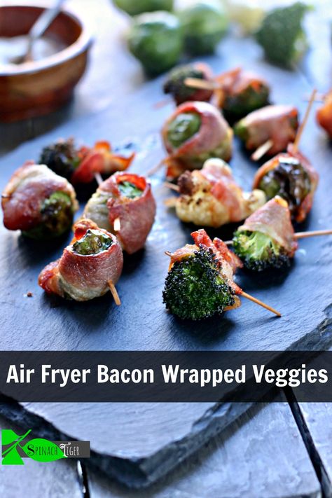 Made in Air Fryer, bacon wrapped veggies, #brusselssprouts #broccoli #cauliflower. Easy #ketorecipe #gamedayketorecipe #baconrecipe #airfryerrecipe. Bacon Wrapped Broccoli, Airfryer Broccoli And Cauliflower, Brocollini Recipes Air Fryer, Keto Broccoli Recipes Air Fryer, Air Fryer Brocollini, Keto Buffalo Cauliflower Air Fryer, Party Food Catering, Air Fryer Broccoli, Bacon Wrapped Chicken Bites