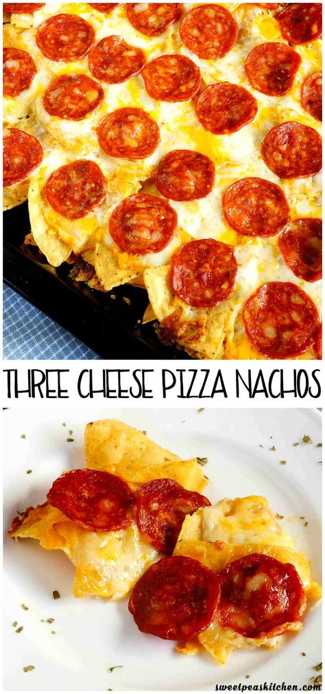 Three Cheese Pizza Nachos with Pepperoni Pizza Nachos With Tortillas, Snacks With Pepperoni, Tostitos Scoops Appetizers, Pizza Nachos Recipe, Pepperoni Appetizers, Nachos In Oven, Kids Pizza Recipes, Beef Pepperoni, Three Cheese Pizza