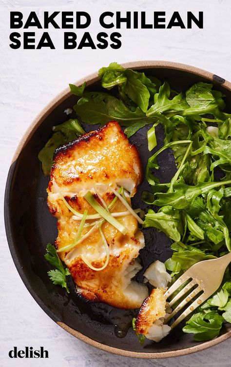 Miso Sea Bass, Chilean Sea Bass Recipe Baked, Sea Bass Recipes, Ginger Salad Dressings, Dinner Salad, Cooking White Rice, Pescatarian Recipes, Seafood Dinner, Sea Bass