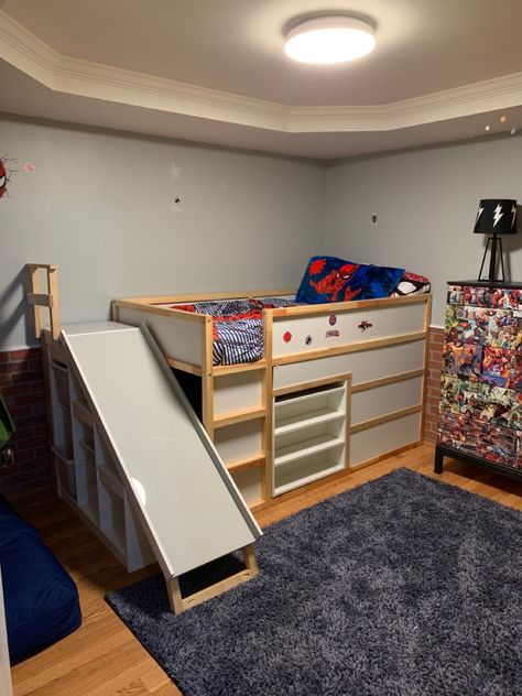 Kura Bed Slide, Spider Man Bedroom Ideas, Camp Nursery, Bed Hideout, Man Bedroom, Bed Slide, Kura Bed, Kids Loft Beds, Kids Room Paint