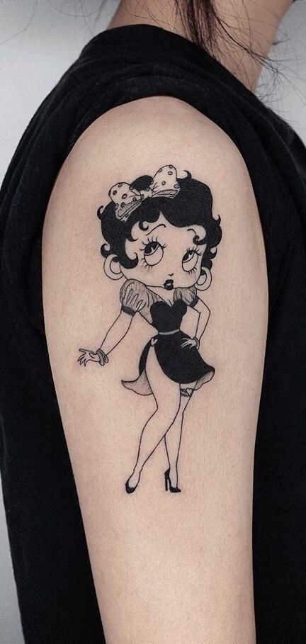 Betty Boop Tattoo. Betty Boop Snow White, Snow White Tattoos, Betty Boop Tattoo, Betty Boop Tattoos, Robin Pictures, Iconic Cartoon, Feminine Tattoo Sleeves, Flower Wrist Tattoos, Black Betty Boop