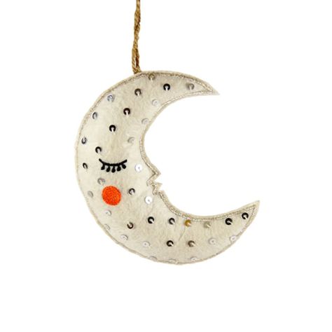 Felt Crafts To Sell, Felting Ornaments, Christmas Hygge, Merry Chrysler, Embroidered Ornaments, Diy Felt Christmas, Moon Ornament, Christmas Ornament Diy, Moon Christmas