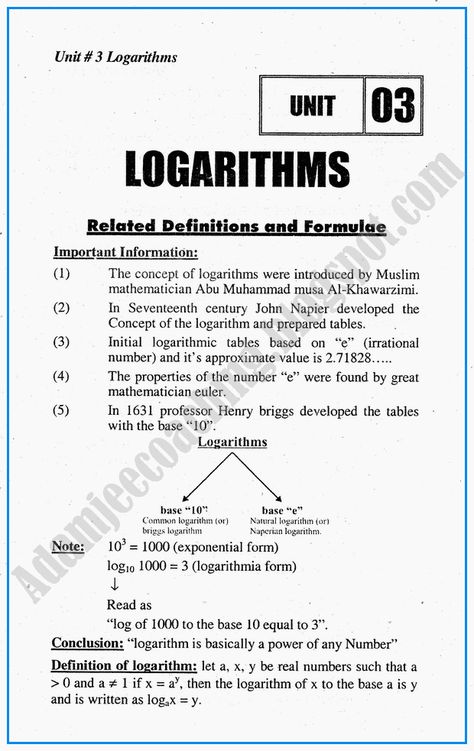 Adamjee Coaching: Logarithms - Definitions and Formulae - Mathematics Notes for Class 10th Logarithms Notes, Logarithm Formulas, Mathematics Notes, Mathematics Quotes, 10th Grade Math, Volume Math, Logic Math, Algebra Formulas, Logarithmic Functions