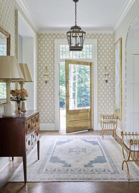 Entry Wall Wall Decor, Traditional New Build House, First Home Interior Design, Eclectic Foyer Entryway, Entry Hall Wallpaper, Wallpaper Front Entry, Traditional Entry Way, Southern Foyer, Front Door Interior Entryway