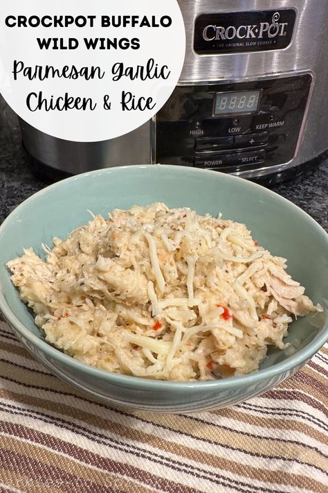 Crockpot Buffalo Wild Wings Parmesan Garlic Chicken & Rice is the perfect way to enjoy all your favorite flavors with very little effort. All you need is chicken, rice, milk, chicken broth, Buffalo Wild Wings Parmesan Garlic Sauce, and cheese and you will have a meal ready to enjoy when you are! Buffalo Wild Wings Sauces, Chicken And Rice Crockpot, Parmesan Wing Sauce, Chicken Main Dish Recipes, Buffalo Wild, Garlic Parmesan Wings, Garlic Parmesan Sauce, Wing Sauce Recipes, Creamy Chicken And Rice