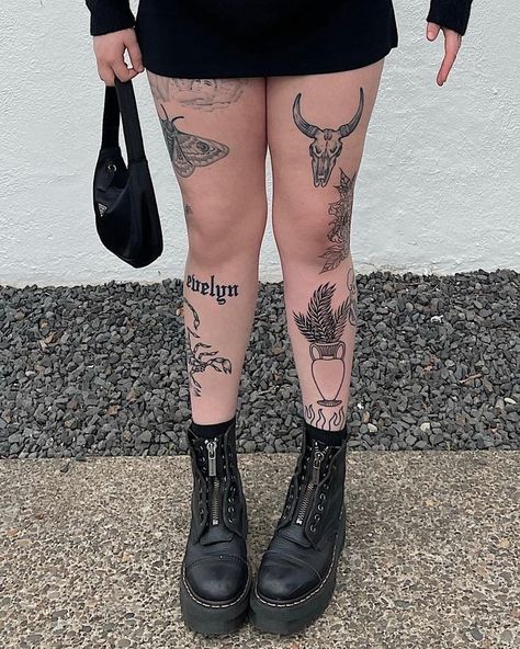 Scattered Leg Tattoos For Women, Leg Tattoos Women Shin, Thigh Tattoos Women Alternative, Full Leg Patchwork Tattoos, Badass Leg Tattoos For Women, Leg Tattoos Goth, Lily Knee Tattoo, Grunge Knee Tattoo, Alt Leg Tattoos