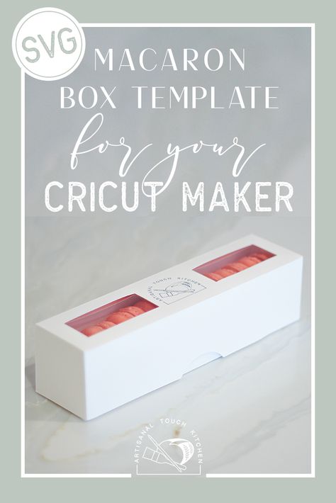 If you have a Cricut Maker, you can create customizable boxes to share your macarons!  These boxes are all designed with a clear window on the lid to showcase your beautiful macarons.  There is a front flap that holds them in place, so filling (and eating from the box!) is easy.  Everything folds together into a compact one-piece box. Cricut Baking Projects, Cricut Boxes Ideas, Cricut Bakery Projects, Cricut Boxes Templates, Cricut Cookie Box Template, Cricut Packaging, Cricut Box Templates Free, Cricut Bakery Boxes, Cricut Gift Boxes